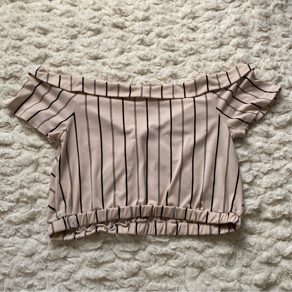 Express One Eleven Cold Shoulder Cream Striped Cropped Blouse - Picture 6 of 7